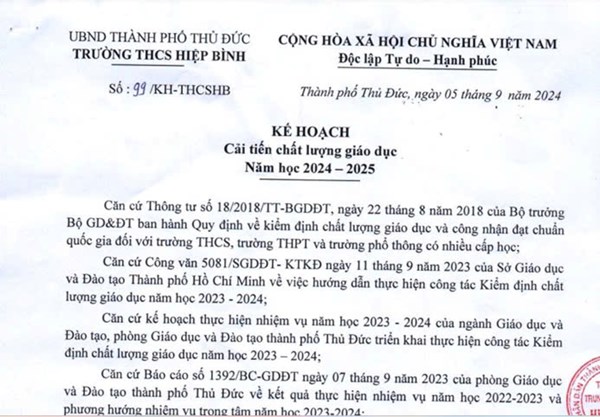 Kế Hoạch Cải Tiến Chất Lượng Giáo Dục Năm Học 2024-2025.