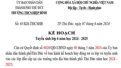 Kế hoạch tuyển sinh lớp 6 năm học 2024 - 2025.