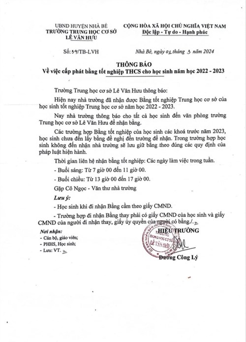Thông báo về việc cấp phát bằng tốt nghiệp thcs cho học sinh năm học 2022-2023