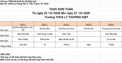 Thực đơn bán trú tuần 27 (23/03 - 27/03) - Năm học 2025-2026