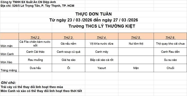 Thực đơn bán trú tuần 27 (23/03 - 27/03) - Năm học 2025-2026