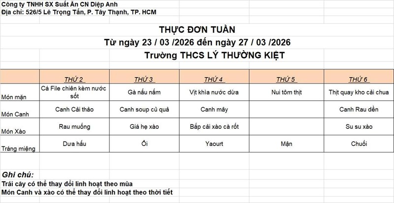 Thực đơn bán trú tuần 27 (23/03 - 27/03) - Năm học 2025-2026