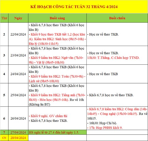 Lịch công tác tuần 32 - HKII (Năm học 2023 - 2024)