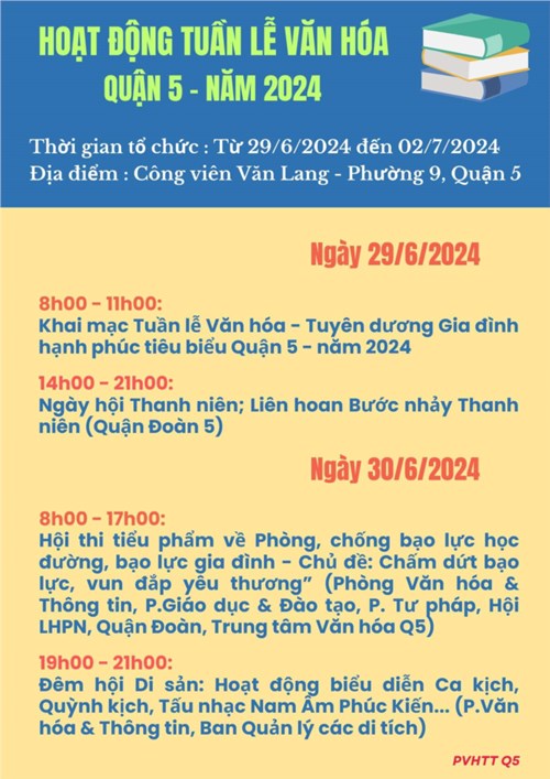 Tuần lễ văn hóa quận 5 - năm 2024 diễn ra từ ngày 29/6/2024 đến ngày 02/7/2024 tại công viên văn lang, phường 9, quận 5