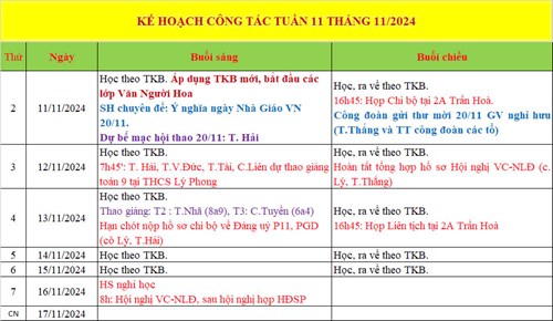Lịch công tác tuần 11 _ HKI (Năm học 2024 - 2025)