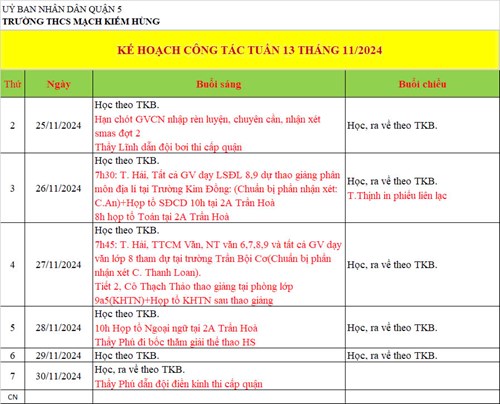 Lịch công tác tuần 13 - HKI (Năm học 2024 - 2025)