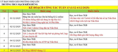 Lịch công tác tuần 13 - HKI (2025 - 2026)