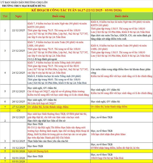 Lịch công tác tuần 16, 17 (HKI) Năm học 2025 - 2026