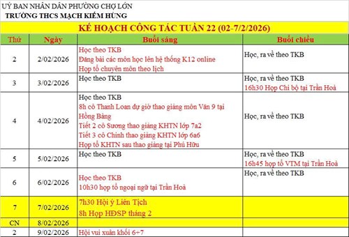 Lịch công tác tuần 22 HKII (2025 - 2026)