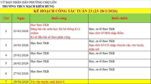 Lịch công tác tuần 23 - HK2 (2025 - 2026)