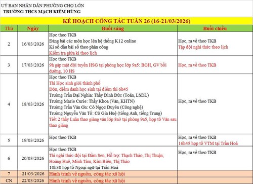 Lịch công tác tuần 26 - HK2 (2025 - 2026)