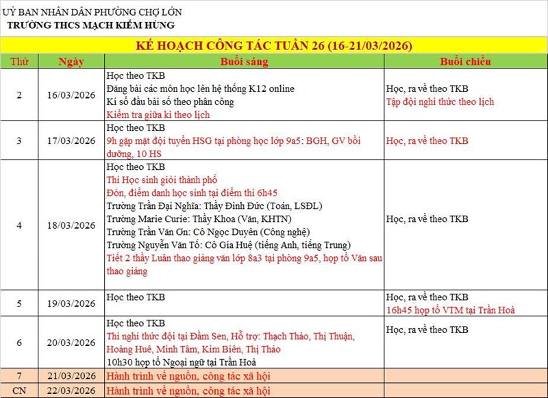 Lịch công tác tuần 26 - HK2 (2025 - 2026)