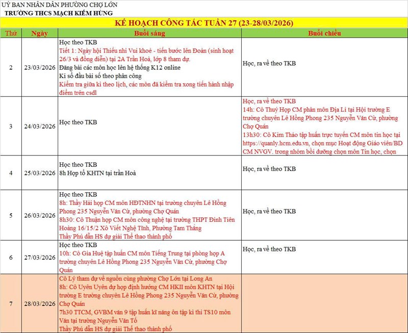 Lịch công tác tuần 27 - HKII (2025 - 2026)