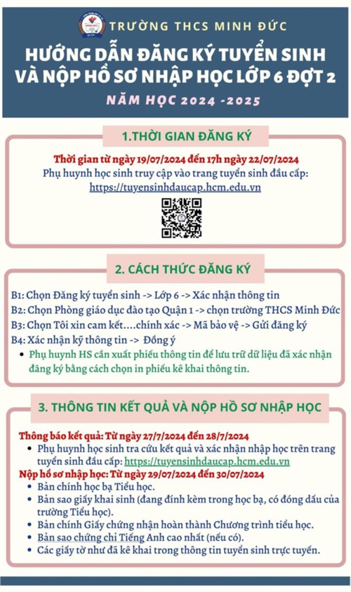 ✨Hướng dẫn đăng ký tuyển sinh và nộp hồ sơ nhập học lớp 6 Đợt 2 - năm học 2024-2025