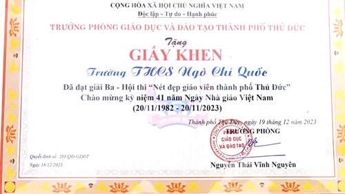 Chúc mừng tập thể trường THCS Ngô Chí Quốc đạt giải 3 hội thi  Nét đẹp giáo viên  cấp TP. Thủ Đức