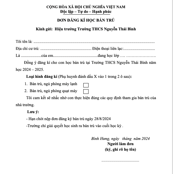 Mẫu đơn đăng ký học bán trú