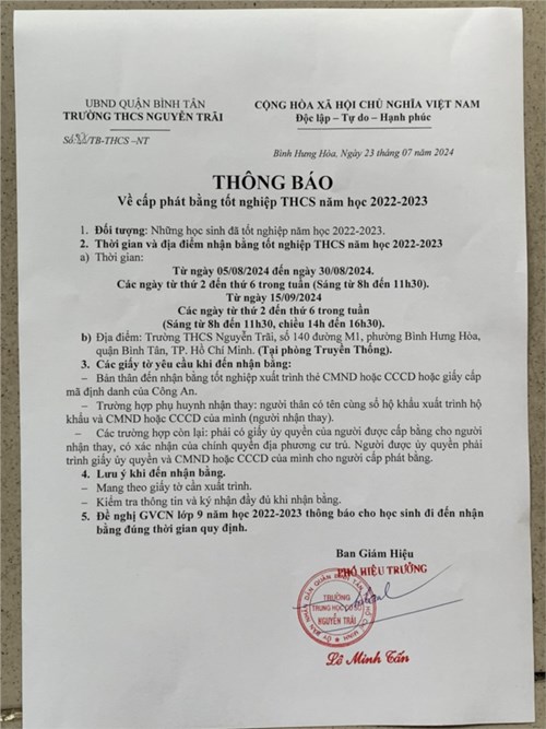 Thông báo về cấp phát bằng tốt nghiệp thcs năm học 2022-2023
