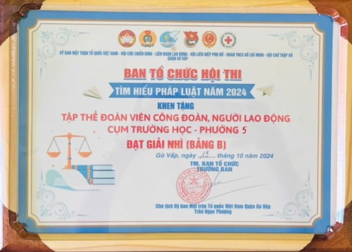 Ngày 19 tháng 10 năm 2024 Trường THCS Nguyễn Văn Nghi tham gia hội thi Tìm hiểu Pháp luật cụm Giáo dục Phường 5 đạt Giải Nhì