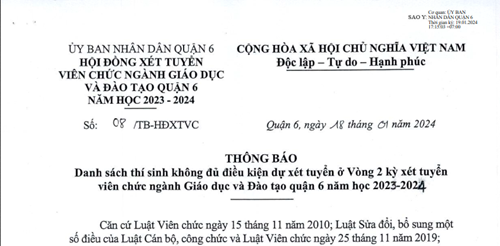 Thông báo danh sách thí sinh không đủ điều kiện dự xét tuyển ở Vòng 2 kỳ xét tuyển viên chức ngành Giáo dục và Đào tạo quận 6 năm học 2023 -2024