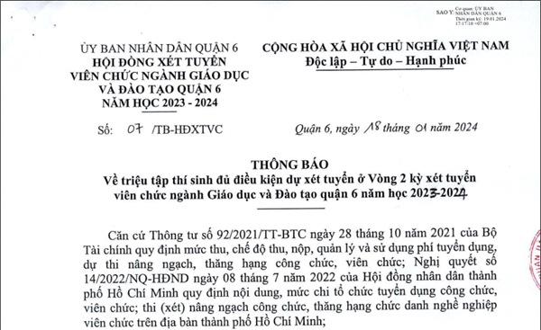 Thông báo về triệu tập thí sinh đủ điều kiện dự xét tuyển ở Vòng 2 kỳ xét tuyển viên chức ngành Giáo dục và Đào tạo quận 6 năm học 2023 -2024 (thông báo, danh sách và danh mục tài liệu tham khảo)