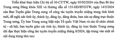 Công văn số 8953-CV/BTGTW ngày 22/7/2024 của Ban Tuyên giáo Trung ương về việc định hướng công tác tuyên truyền miệng tháng 8/2024.