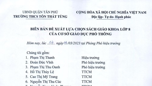 Biên bản Đề xuất lựa chọn sách giáo khoa lớp 8, năm học 2023 - 2024