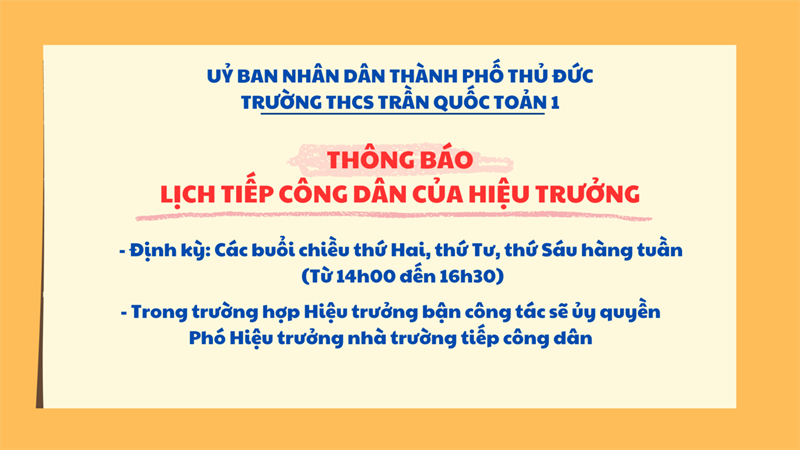 Lịch tiếp Công dân của Ban giám hiệu trường THCS Trần Quốc Toản 1