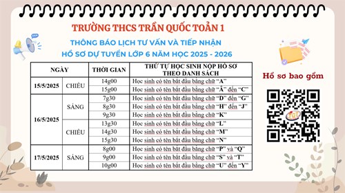 Thông báo lịch tư vấn và tiếp nhận hồ sơ Dự tuyển lớp 6 năm học 2025 - 2026