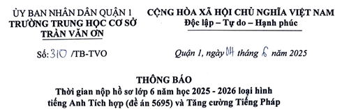 310/TB-TVO THÔNG BÁO Thời gian nộp hồ sơ lớp 6 năm học 2025 - 2026 loại hình tiếng Anh Tích hợp (đề án 5695) và Tăng cường Tiếng Pháp