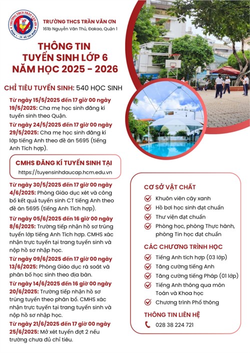 Thông tin tuyển sinh lớp 6 năm học 2025 - 2026