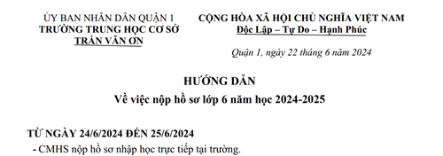 Hướng dẫn về việc nộp hồ sơ lớp 6 năm học 2024-2025