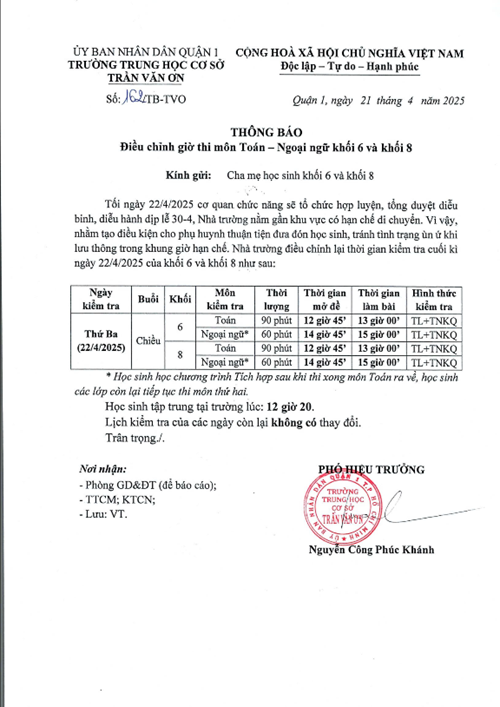 THÔNG BÁO Điều chỉnh giờ thi môn Toán – Ngoại ngữ khối 6 và khối 8
