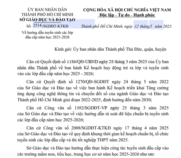 2514/SGDĐT-KTKĐ Về hướng dẫn tuyển sinh các lớp đầu cấp năm học 2025-2026