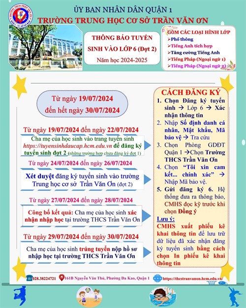 Thông báo tuyển sinh vào lớp 6 (đợt 2) năm học 2024-2025