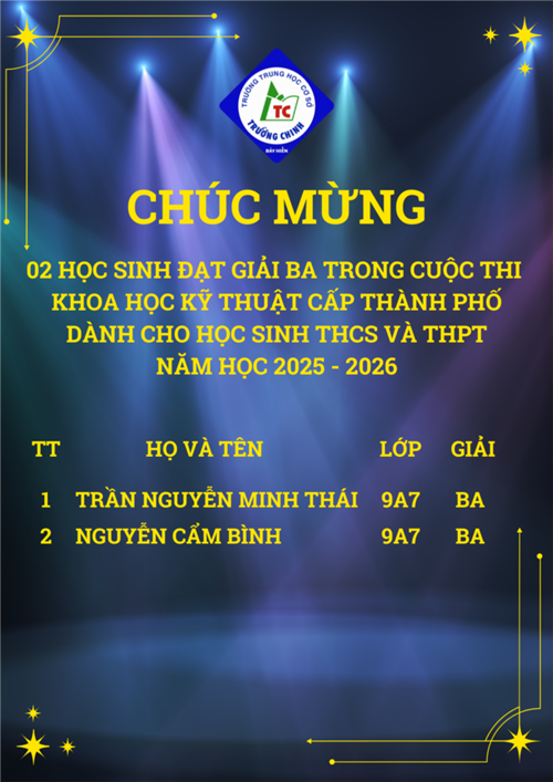 Chúc mừng em Trần Nguyễn Minh Thái lớp 9A7 và em Nguyễn Cẩm Bình lớp 9A7 đạt giải Ba cuộc thi “Khoa học kỹ thuật cấp thành phố dành cho học sinh THCS và THPT” năm học 2025 - 2026