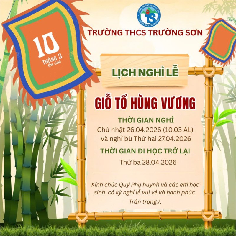 Trường THCS Trường Sơn Thông báo nghỉ Lễ Giỗ Tổ Hùng Vương năm học 2025 – 2026.