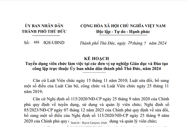 Tuyển dụng viên chức làm việc tại các đơn vị sự nghiệp Giáo dục và Đào tạo 
công lập trực thuộc Ủy ban nhân dân thành phố Thủ Đức, năm 2024