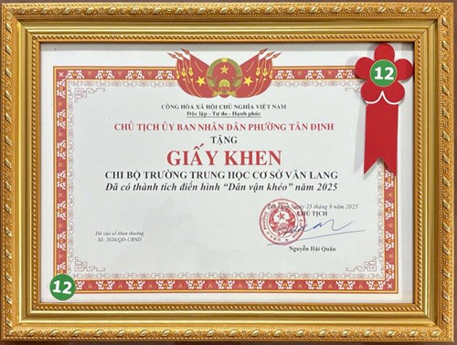 Chúc mừng Chi bộ trường Trung học cơ sở Văn Lang đạt thành tích điển hình  Dân vận khéo  năm 2025