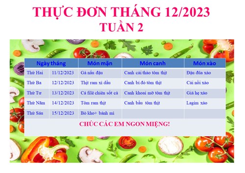 Thực đơn bán trú tuần 2 tháng 12