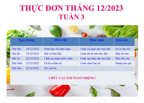 Thực đơn bán trú tuần 3 tháng 12