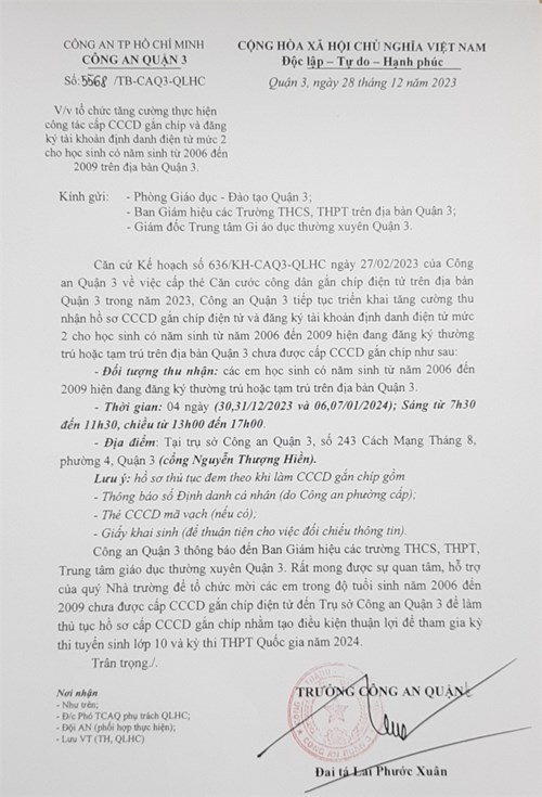 V/v tổ chức tăng cường thực hiện công tác cấp CCCD gắn chíp và đăng ký tài khoản định danh điện tử mức 2 cho học sinh có năm sinh từ năm 2006 đến 2009 trên địa bàn Quận 3.