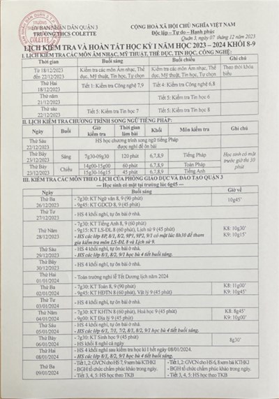 V/v kiểm tra HK1 năm học: 2023-2024