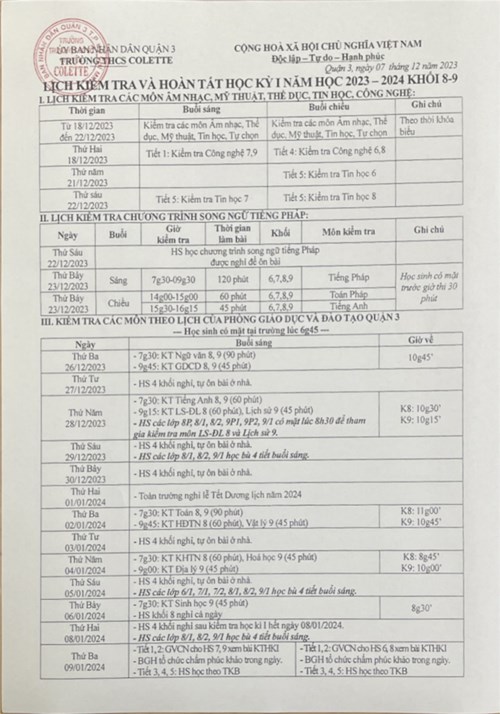 V/v kiểm tra HK1 năm học: 2023-2024