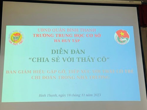 Sáng 18/11/2023, tại diễn đàn   Chia sẻ với Thầy Cô , cấp ủy & BGH trường THCS Hà Huy Tập đã tổ chức gặp gỡ, đối thoại để giáo viên trẻ bày tỏ ý kiến, nguyện vọng