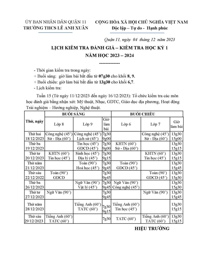 Lịch thi cuối kỳ 1 năm học 2023 - 2024