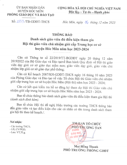 Các văn bản của phòng giáo dục hướng dẫn kỳ thi cuối học kỳ 1, danh sách giáo viên chủ nhiệm đủ điều kiện thi gvcn giỏi huyện