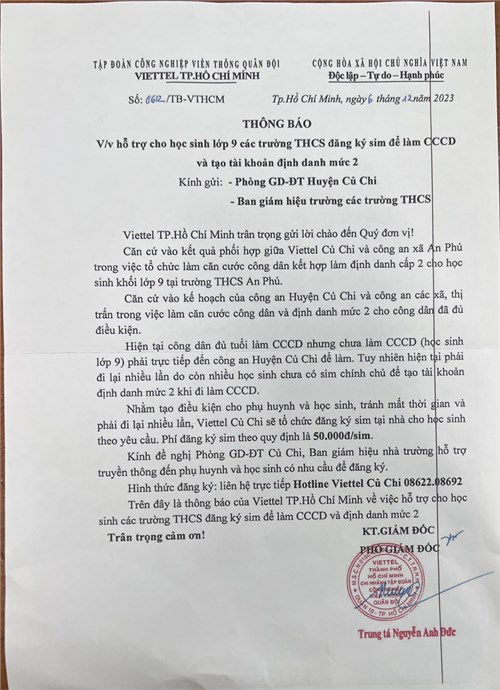 Thông báo hỗ trợ cho học sinh lớp 9 các trường THCS đăng ký sim để làm CCCD và tạo tài khoản định danh mức 2