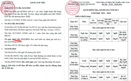 Lịch coi Kiểm tra đánh giá Cuối kì 1 (4 khối) Năm học 2023-2024