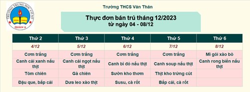 Thực đơn bán trú tháng 12/2023 ( từ ngày 4-8/12/2023)