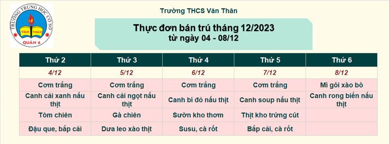 Thực đơn bán trú tháng 12/2023 ( từ ngày 4-8/12/2023)